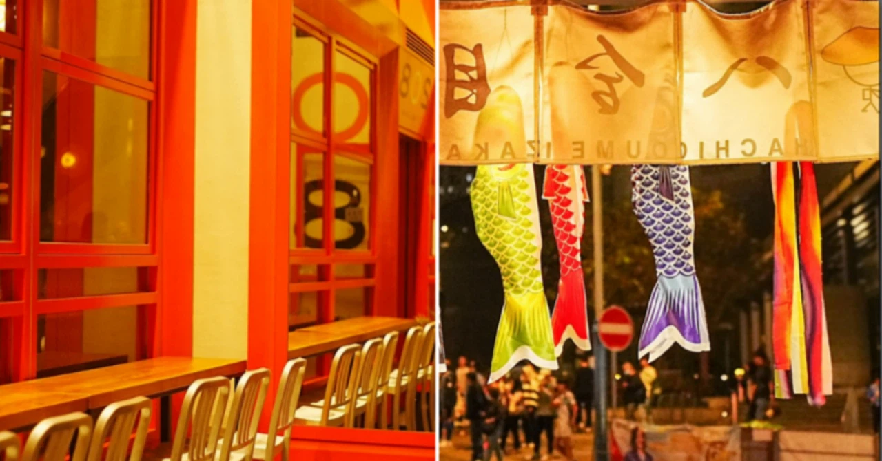 Split image comparing a high-end red and gold restaurant interior with a casual Japanese eatery decorated with carp streamers