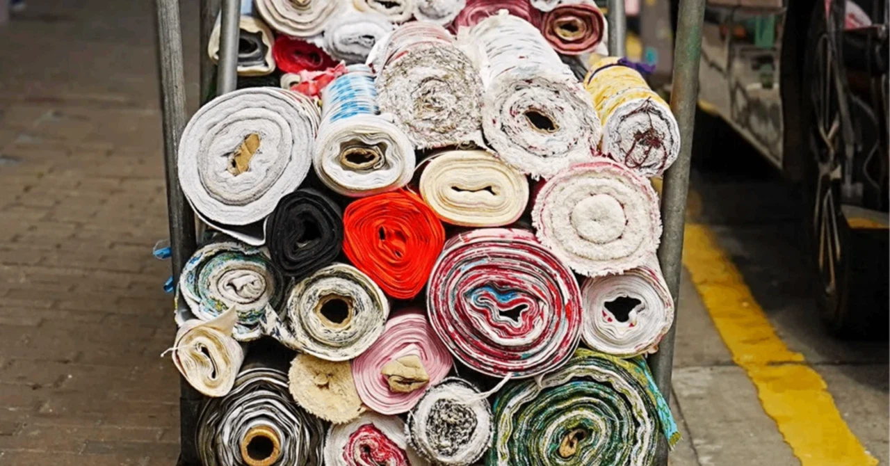 香港の深水埗で台車に積まれた色とりどりの反物のロール